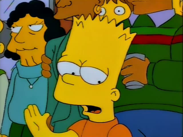 Bart stands with half-lidded eyes and then squeezes his eyes shut in a grimace in front of a crowd that includes Marge…