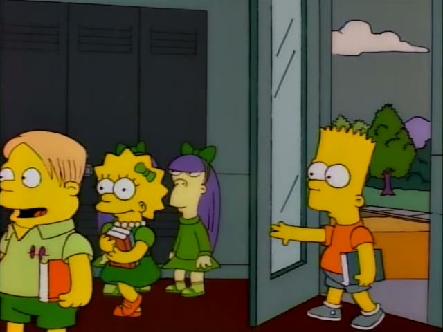 Bart Simpson stands at a glass door in a school hallway lined with lockers, with a boy in a green shirt and a spiky-haired…