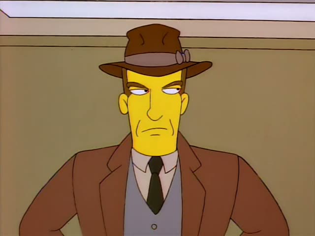 Chief Wiggum is first seen reclining in a red swivel chair with his feet up while two officers look on, and a man in a brown…