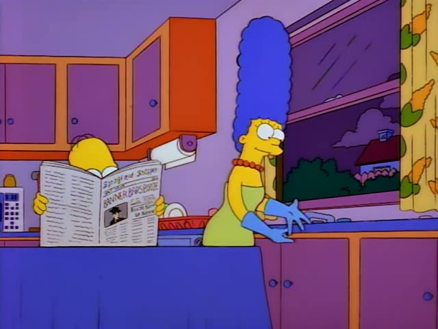 Homer sits at the left of a purple kitchen reading a newspaper headlined BANNER-BUGLE, while Marge washes dishes at the sink…