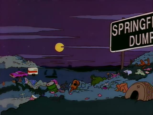 Homer Simpson and Bart Simpson stand at night on a purple-skied dump among piles of trash and wooden barrels, with a pink…