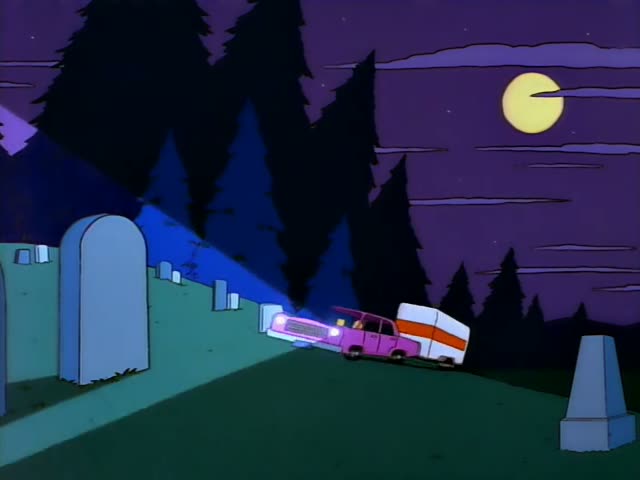 Homer and Bart ride in an open-topped pink car towing a white trailer with an orange stripe through a dark, moonlit cemetery…
