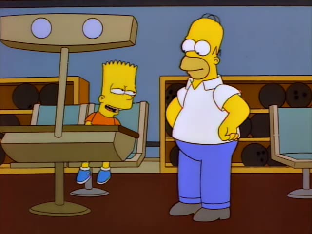 Homer and Bart stand and sit in a bowling alley near a ball return and shelves of bowling balls