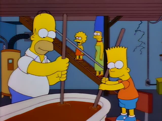 Homer Simpson and Bart Simpson, in an orange shirt and blue shorts, stir a large tub of reddish-brown liquid with long…