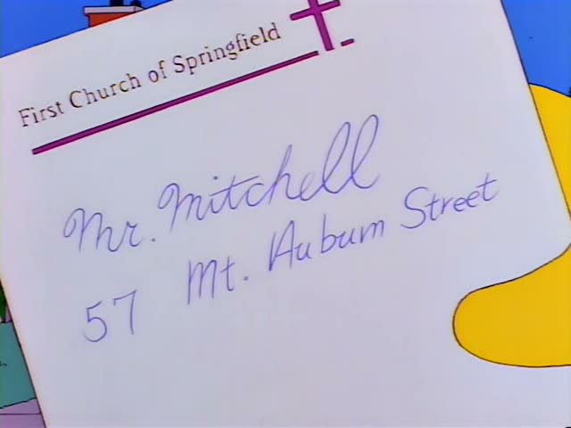 Bart approaches a purple-shuttered house carrying a letter addressed from the First Church of Springfield to Mr. Mitchell…
