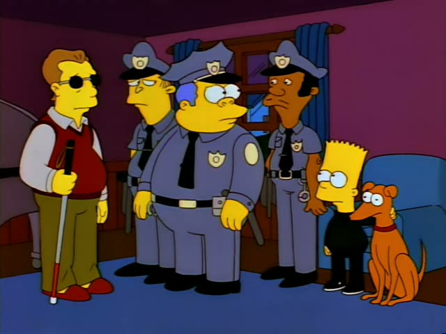 Chief Wiggum stands with two other officers in a purple room, one of them a dark-skinned officer with a hat and handcuffs…