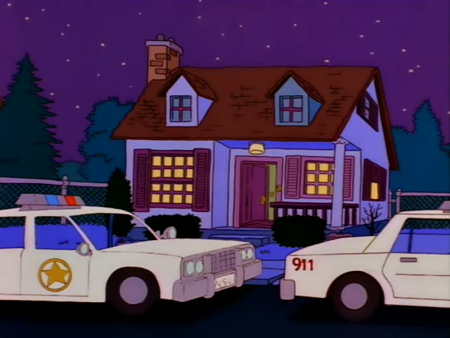 The scene is the exterior of the Simpson house at night under a purple starry sky, flanked by a sheriff's police car…