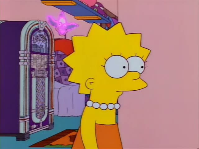 Lisa stands near the jukebox at the start while a glowing pink ghostly face floats above, and then Bart kneels on a rug…