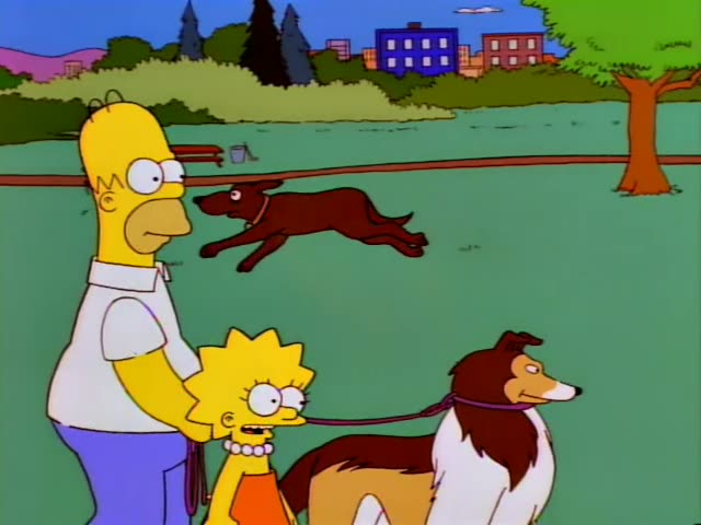 Homer is joined by Lisa, who holds the leash of Santa's Little Helper and the brown-and-white collie-like dog