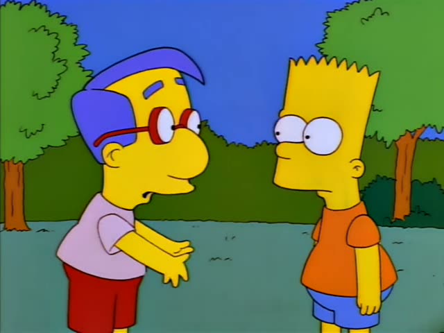 Milhouse and Bart stand facing each other on a grassy park lawn