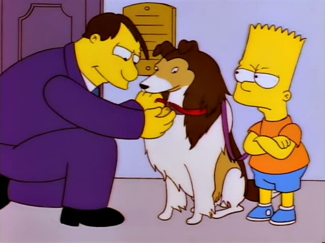 Bart Simpson stands beside a collie named Laddie, who wears a red collar and a gold star medal, while a man in a purple suit…
