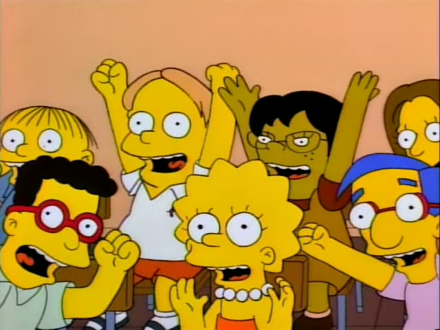 Bart and Lisa are among a group of excited schoolchildren in a classroom, cheering with raised arms, and Milhouse with blue…