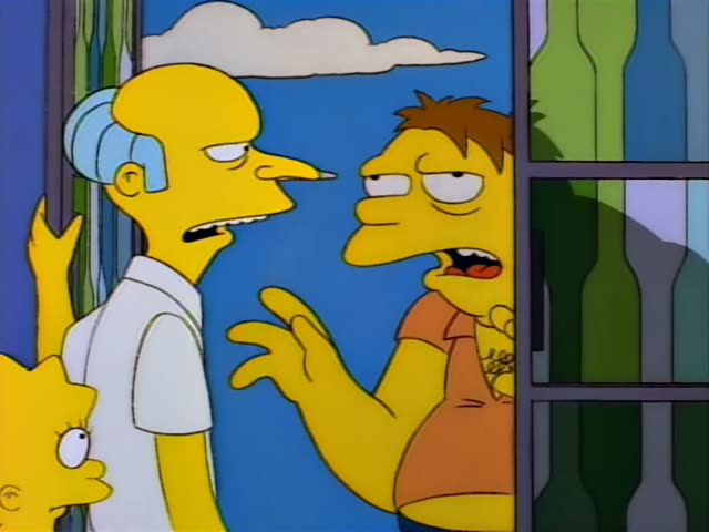 Mr. Burns and Barney stand beside a window of green bottle-patterned glass while Lisa peeks in at the left