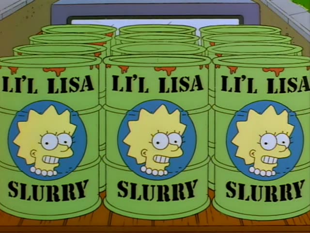 Lisa Simpson is first seen beside stacked green barrels labeled "LI'L LISA SLURRY" on a flatbed truck