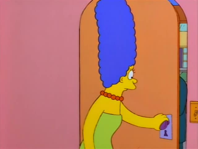 Marge Simpson opens the front door of the pink house and Mr. Burns peers in