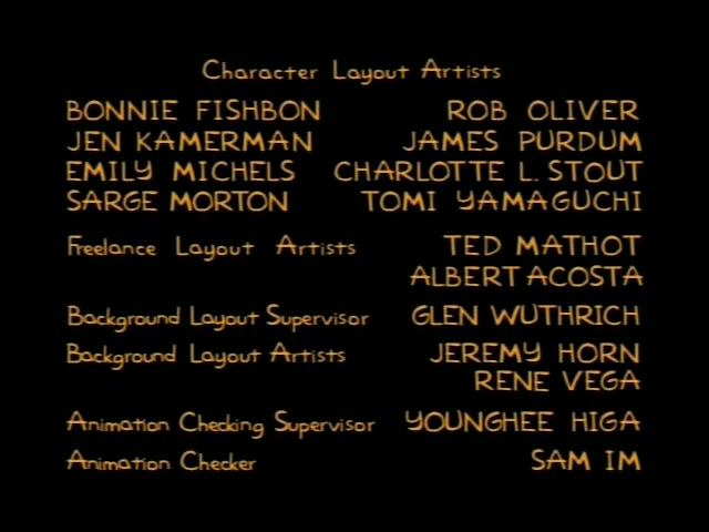 A black closing credits sequence with gold text on a black background