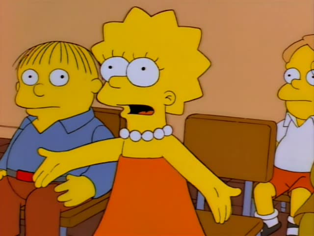 Lisa Simpson sits among classmates in a classroom, including a boy in a blue shirt, while Mr. Burns stands with his arms…
