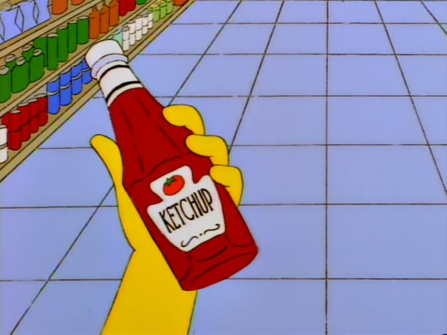 A cartoon yellow hand, with no other person visible, holds a red bottle in a supermarket aisle with a blue tiled floor…