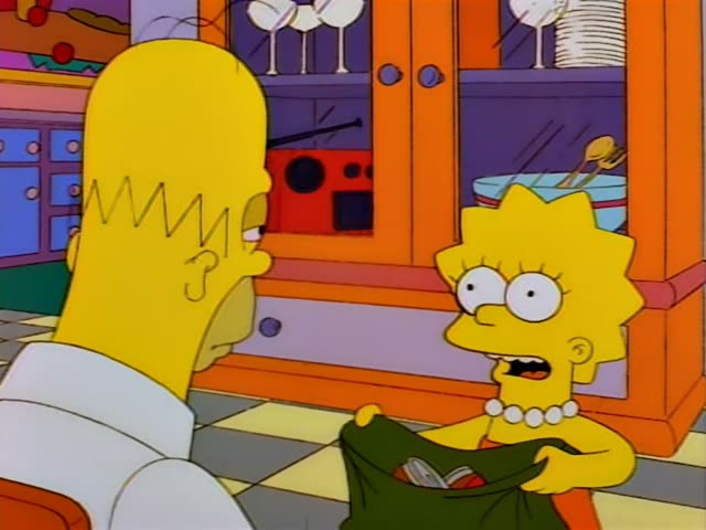 Homer Simpson and Lisa Simpson stand in the kitchen beside an orange cabinet with glass doors holding wine glasses, a red…