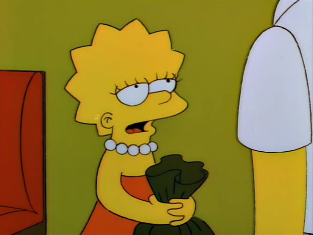 Lisa Simpson stands in a green-walled office with a counter and a lamp while Mr. Burns smiles and leans on the counter