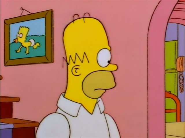 Homer stands in the arched doorway of the pink house while Mr. Burns stands outside on the walkway holding papers
