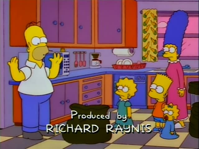 Homer Simpson and Lisa Simpson stand in the Simpsons' kitchen with its purple cabinets and checkered floor