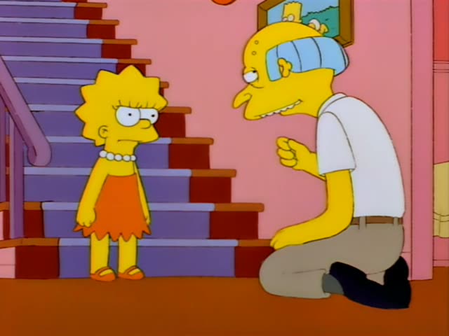 Lisa stands on the left by a staircase while Mr. Burns kneels on the pink-walled floor facing her and gestures…