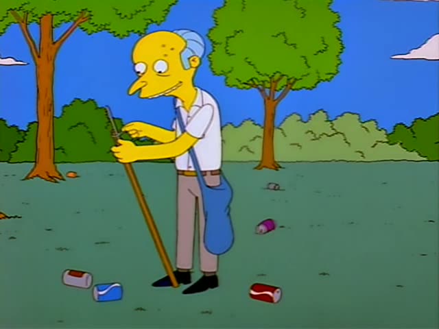 Mr. Burns first stands in a grassy park wearing a white shirt and khaki trousers, carrying a blue sack and a pole-like…