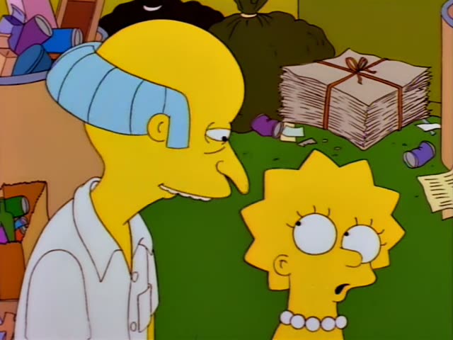 Mr. Burns and Lisa stand together in a cluttered storeroom with boxes, a bundled stack of papers tied with string…