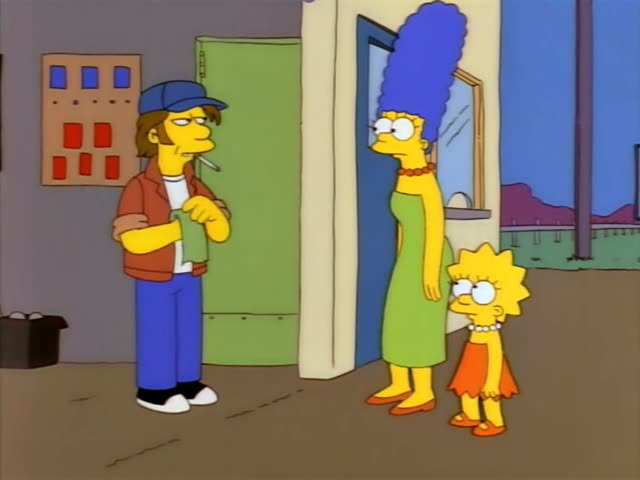 Marge with her tall blue beehive and Lisa in a red dress stand by a doorway as a man in a blue cap and red jacket, cigarette…