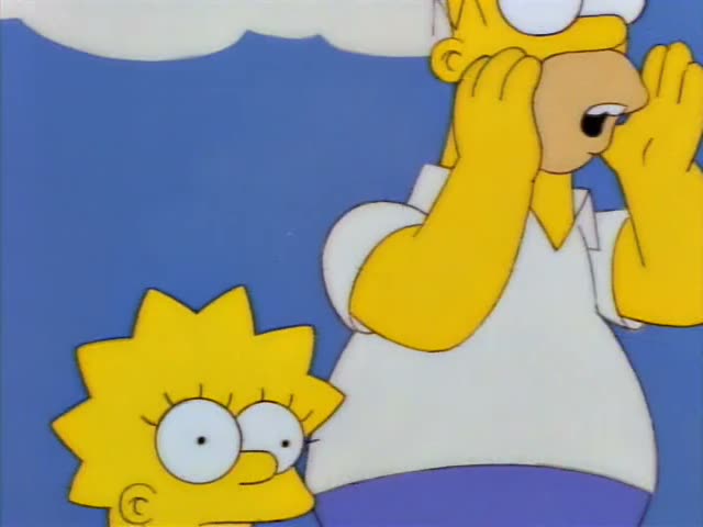 Homer cups his hands around his mouth and shouts beside Lisa, whose eyes are wide, against a bright blue sky with a white…