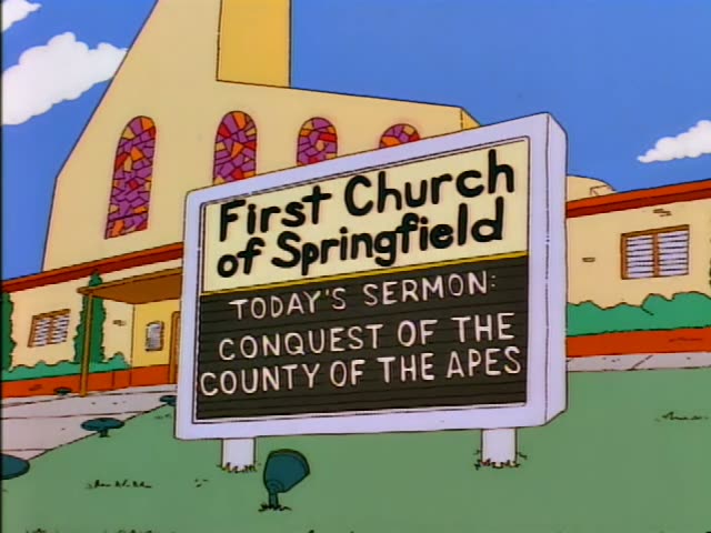Homer, Marge, Lisa, Maggie, Bart, and Carl sit among a packed congregation in the pews of First Church of Springfield…