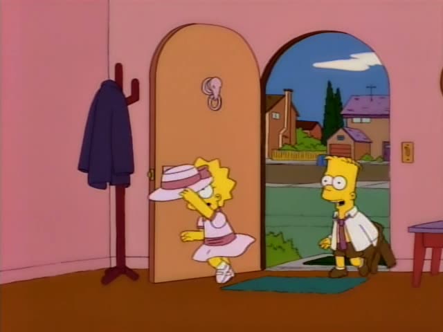 Lisa in a pink dress and sun hat and Bart in a white shirt and tie come in through the front door from the sunny street…