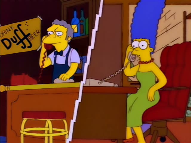 Moe stands behind the wooden bar under a yellow Duff Beer sign, holding a red phone to his ear