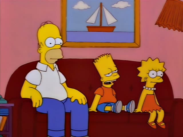 Homer, Bart and Lisa Simpson sit together on a dark red couch in a pink living room beneath a framed sailboat painting…