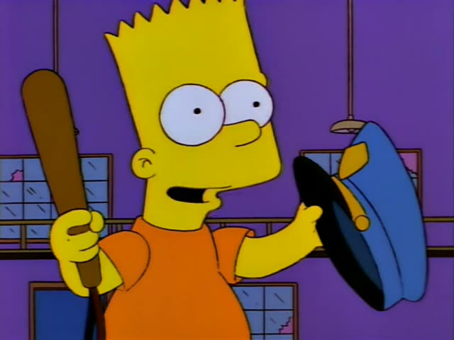 Bart and Milhouse stand in a purple hallway with wooden floors