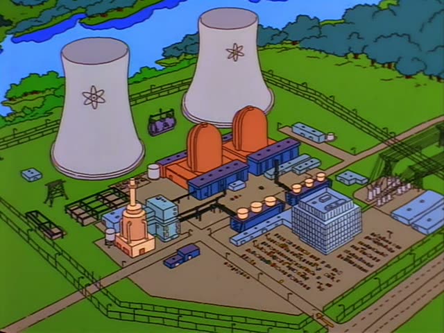 Mr. Burns stands behind a purple lectern marked with an atom symbol on a stage before a red curtain, while Smithers stands…