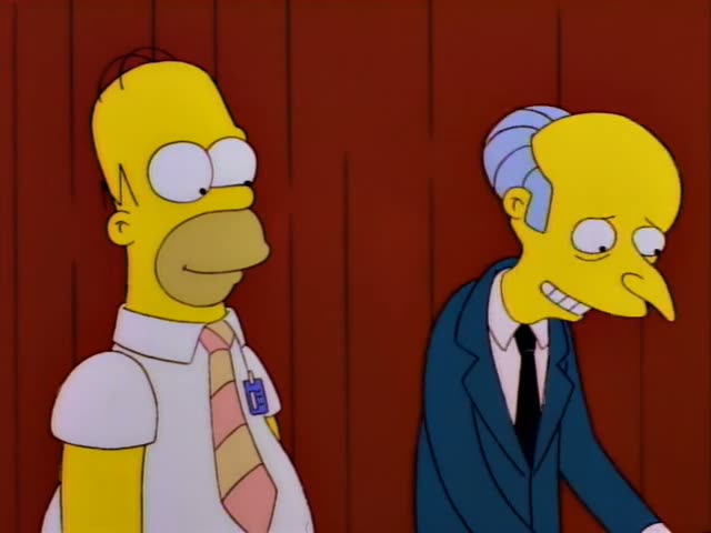Homer stands beside Mr. Burns, a frail, stooped old man in a dark suit, in front of a red wood-paneled wall