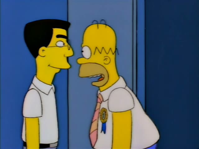 Smithers and Homer Simpson stand beside a blue locker, Smithers smiling while Homer gapes wide-eyed