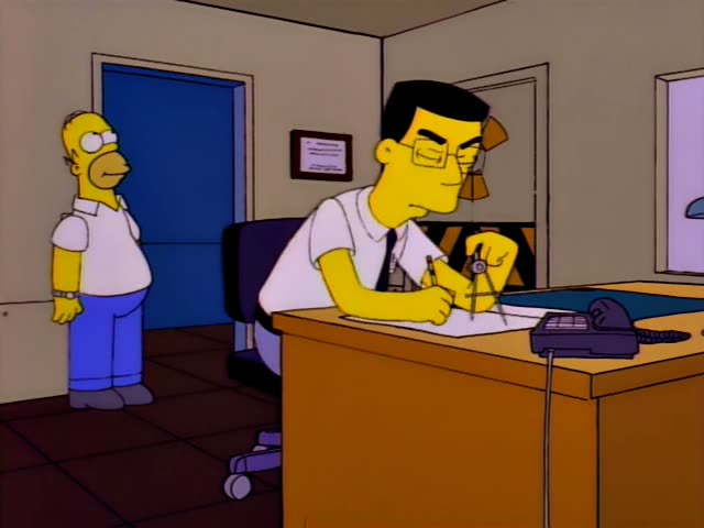 Homer stands near a blue door in a plain office while a black-haired man with glasses, a white shirt and a black tie sits…