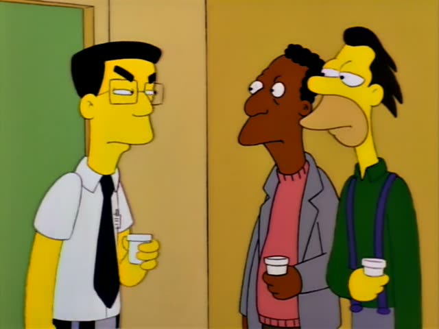 Carl and Lenny, who has spiky black hair and wears a green sweater with blue suspenders, stand beside a man with a flat…