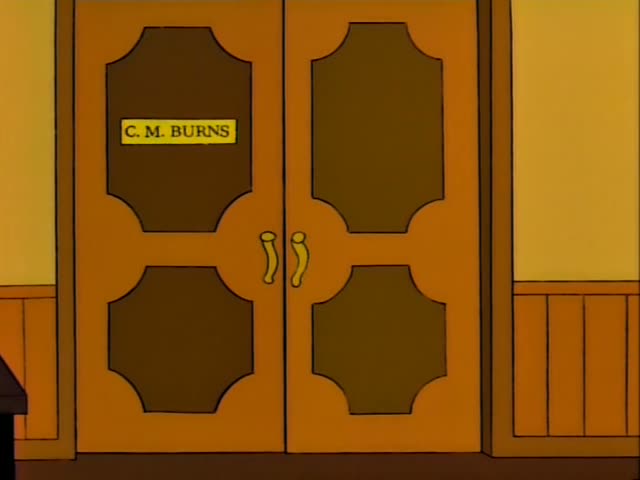 Smithers pushes open the double doors marked C. M. BURNS and walks out into a hallway with a red carpet, his face stern