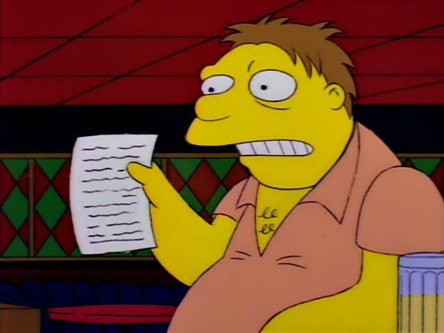 Barney sits at the bar holding a sheet of paper while Moe leans in and gestures at him