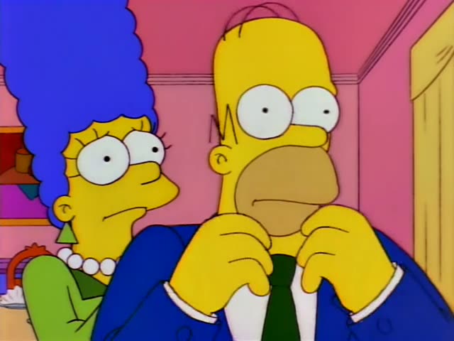 Homer Simpson and Marge Simpson stand together in a pink hallway