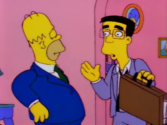 Smithers and a lavender suit with a black tie, confronts Homer in a blue suit and green tie in a pink hallway of the Simpson…