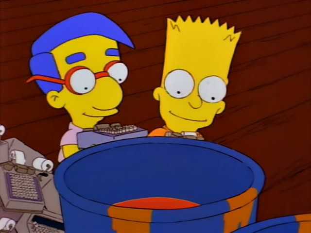 Milhouse and Bart lean over a large blue vat of bubbling red liquid, steam rising in a room with wooden walls