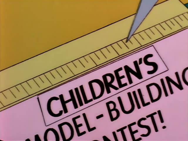 Smithers holds up a pink flyer for a Children's Model-Building Contest through a cut-out window that shows his tie…