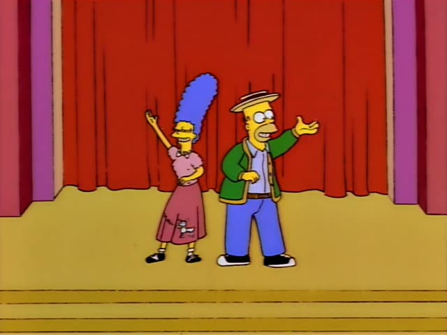 Marge with her tall blue beehive, Homer in a straw boater hat and green jacket, Bart in a boater hat and green shirt, Maggie…