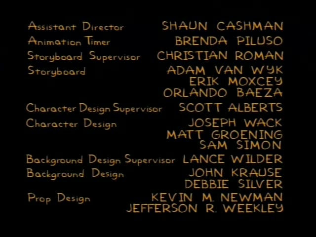 No Simpsons characters appear in this moment; it is a sequence of black closing credits for the 1997 episode, shown…