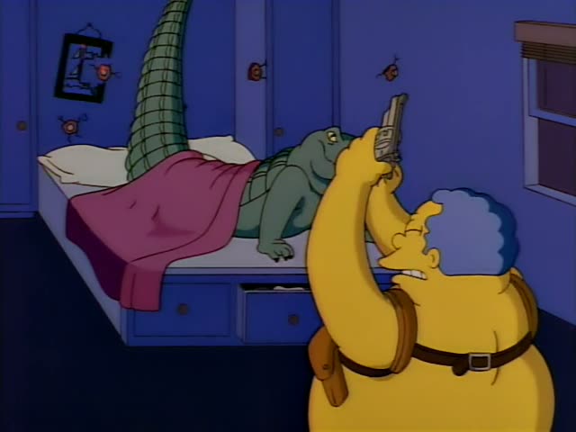 Chief Wiggum aims a revolver at a green alligator lying on a bed with a pink blanket in a blue bedroom